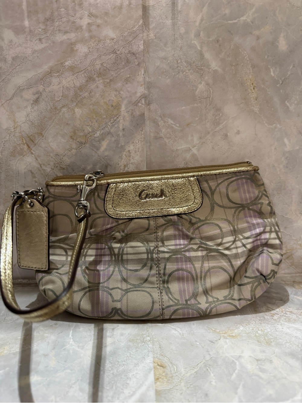 Coach Metallic Trim Signature Canvas Wristlet in Beige and Gold